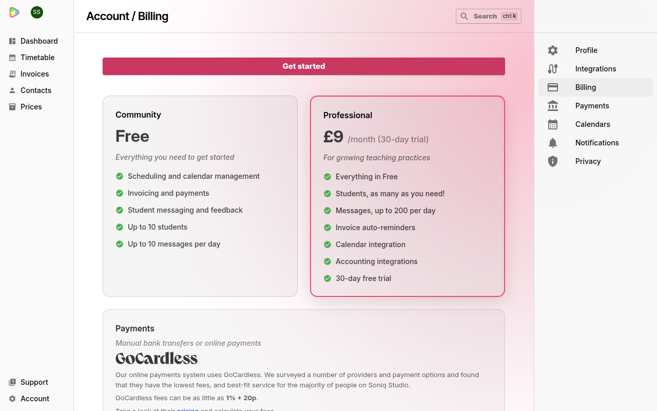 The Billing page on the free plan, with a Get started button above the Community and Professional plan cards