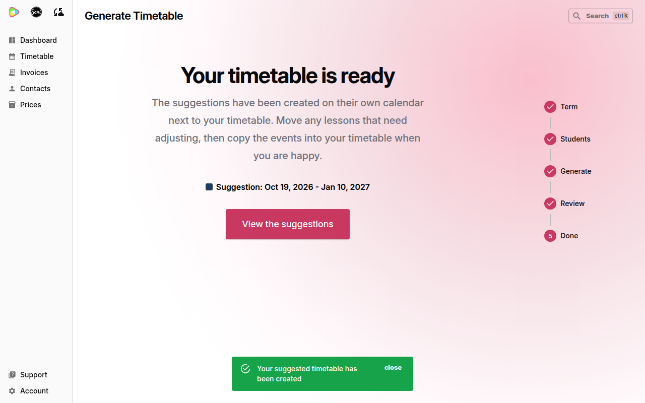 The Your timetable is ready page with the suggestion calendar name and a View the suggestions button