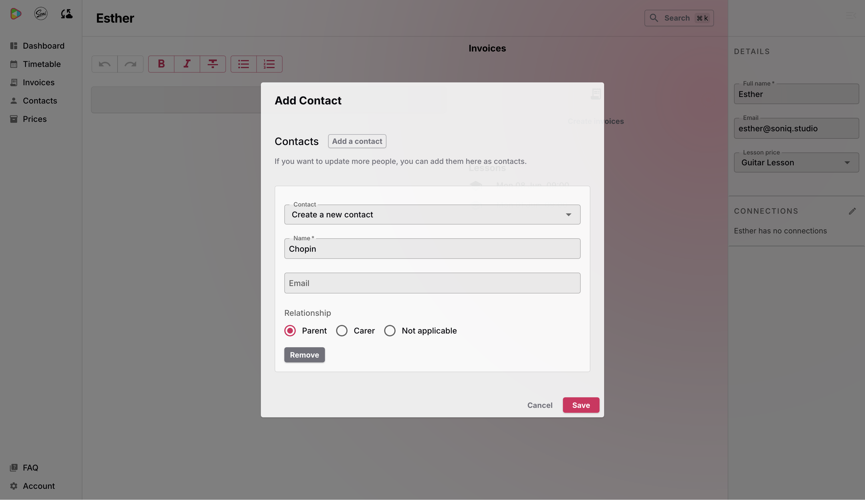 The Add Contact dialog with Chopin’s name filled in and Parent selected as the relationship