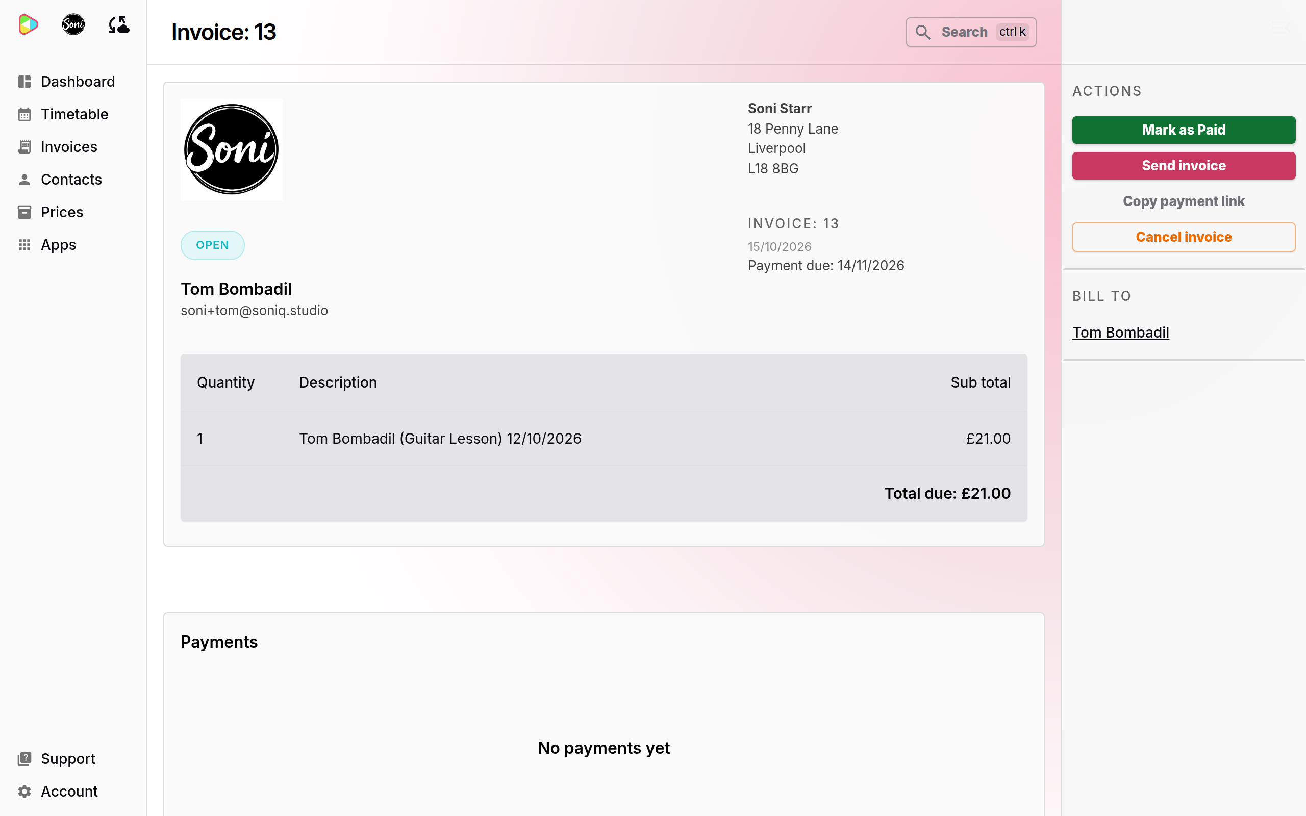 Invoice 13 for Tom Bombadil with the Open status and the Actions panel