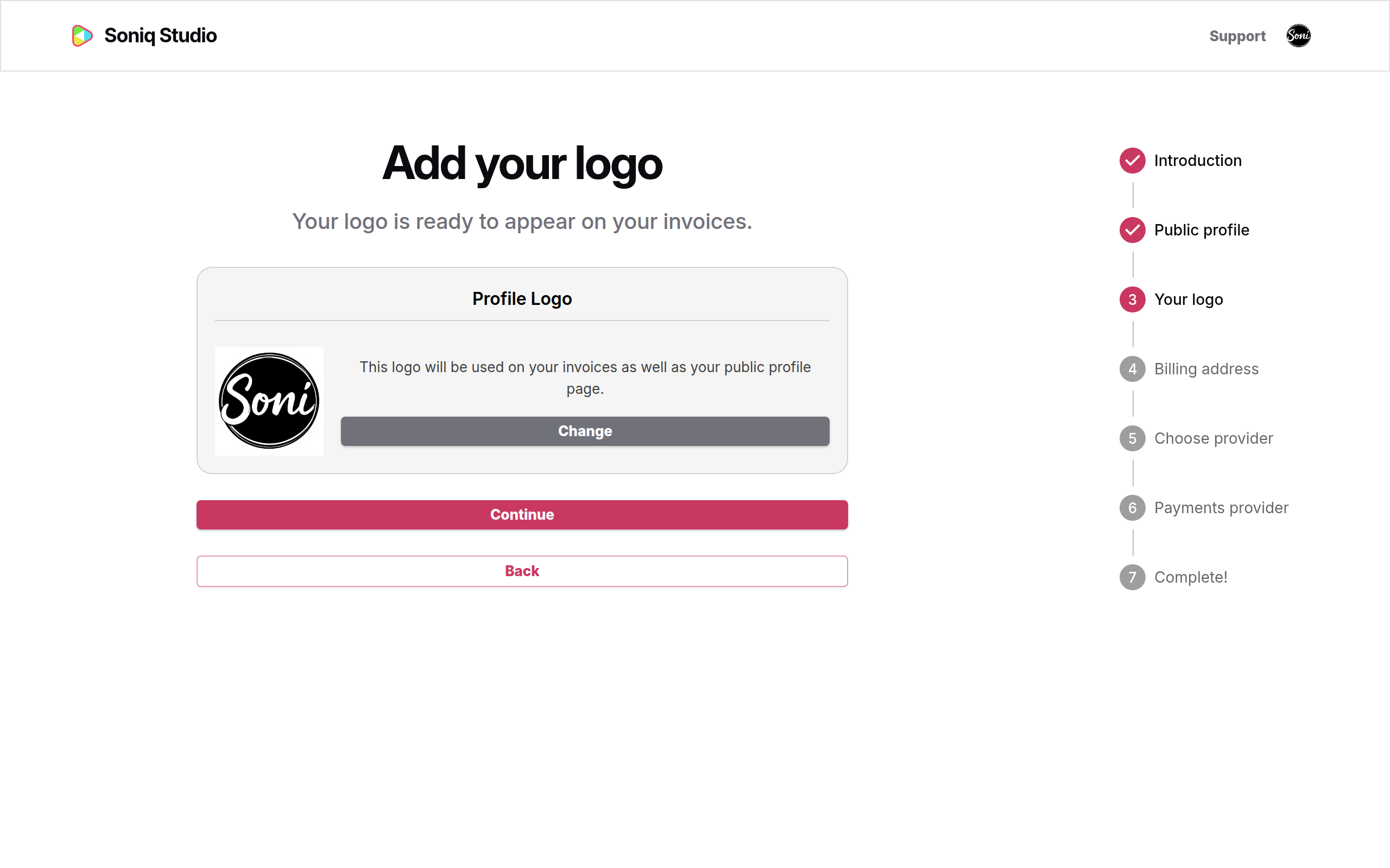 The Add your logo step showing Soni’s round black logo and the Continue button