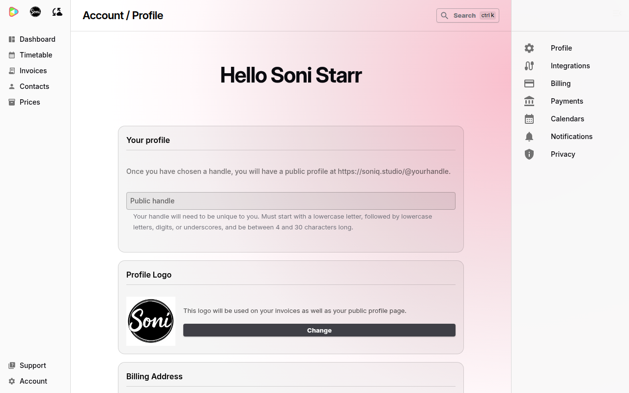 The Account Profile page shows Soni’s logo in the Profile Logo section