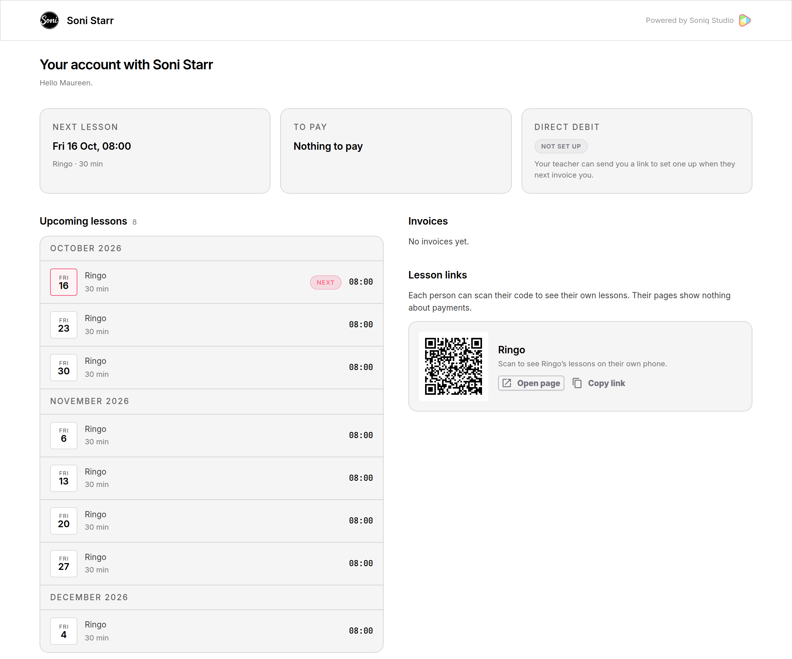 Maureen’s portal page with Next lesson, To pay and Direct Debit cards, Ringo’s upcoming Friday lessons, no invoices yet, and Ringo’s QR code under Lesson links